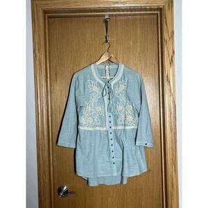 Aratta Silent Journey Embroidered Beaded Tunic Top Small Button Front Tassels